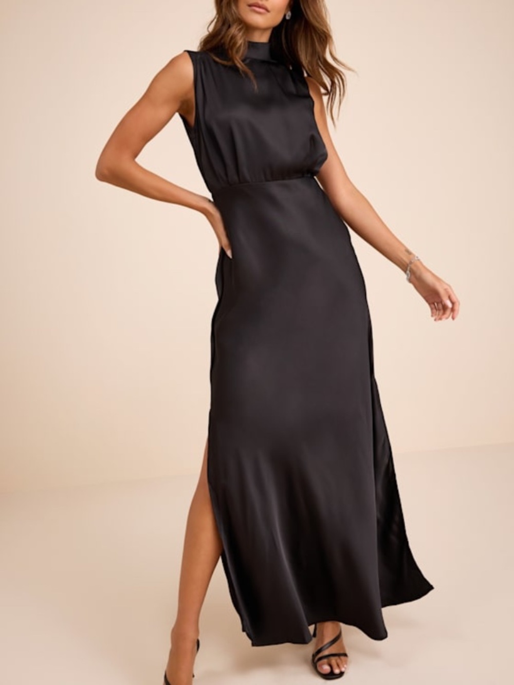 Lulus Classic Elegance Black Satin Sleeveless Mock Neck Maxi Dress - Size L